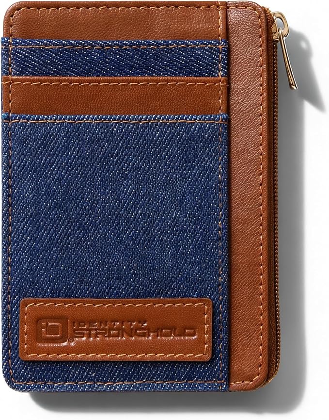 ID Stronghold RFID Blocking Front Pocket Wallet – Slim Minimalist Genuine Leather Wallet with Zipper Coin Pocket (Denim)