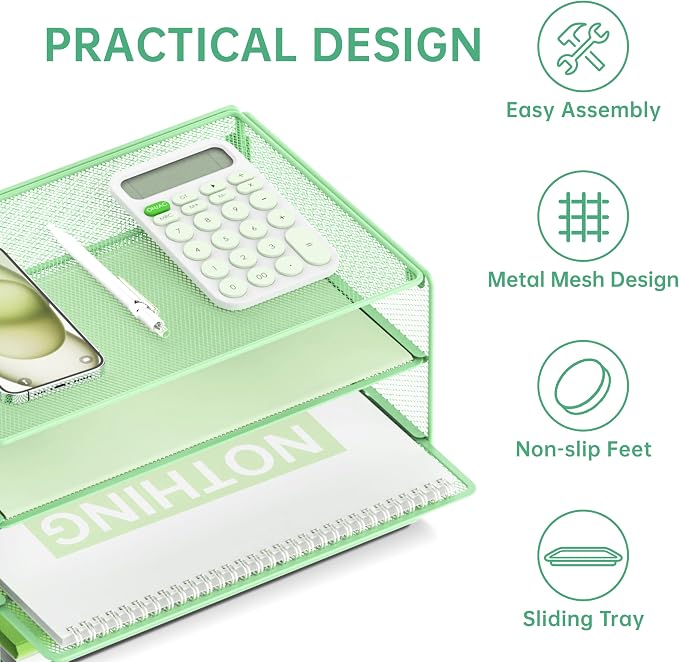DALTACK 3 Tier Letter Tray Paper Organizer for Desk, Mesh Metal Desk File Organizer with Sliding Trays for Letter/A4 Paper, Mail, Bills & Folders, Mint Green