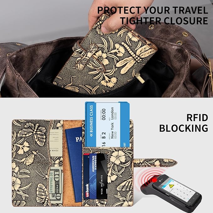 Genuine Leather Passport Holder Travel Bifold Wallet For Men And Women Slim RFID Blocking Butterfly pattern