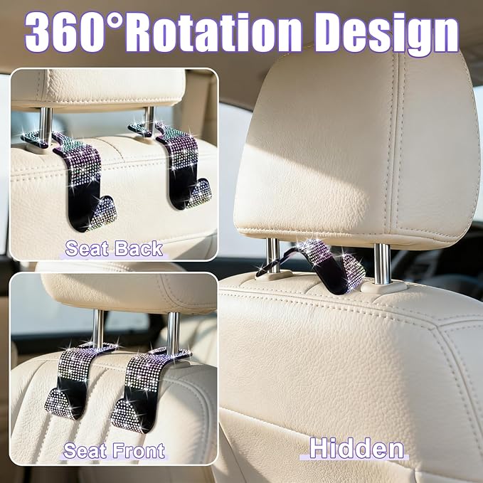 BFXM 6 Pack Bling Car Seat Headrest Hooks, Rhinestone Purse Hook for Car, Universal Storage Organizer for Handbag Grocery Bags Coats, Bling Car Accessories for Women (Bling Colorful)