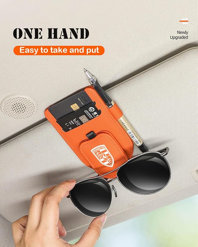Sunglasses Holder for Car Visor, Magnetic Leather Glasses Eyeglass Clip, With Ticket and Pen Clip (Orange)