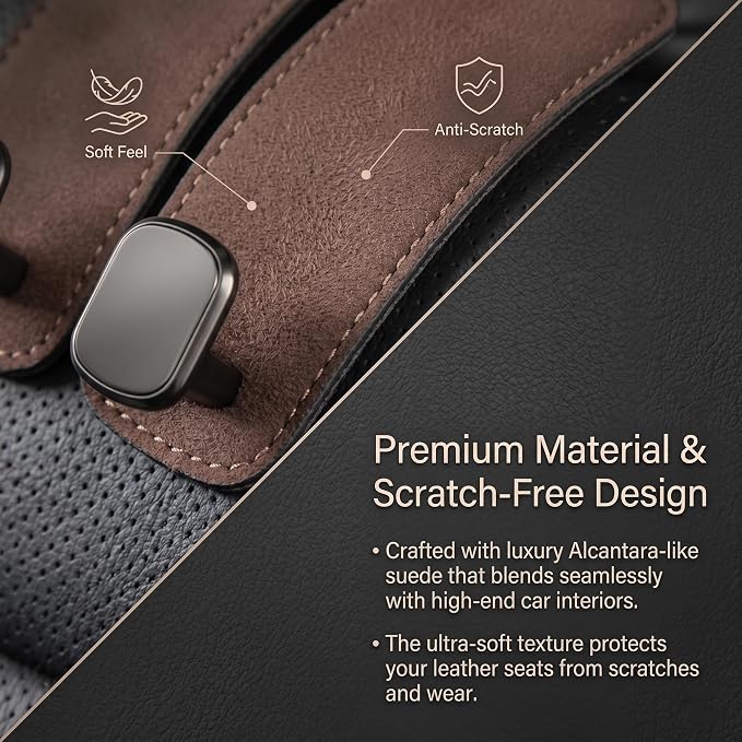 Car Headrest Hooks 2-Pack - Heavy-Duty Car Organizer Hooks for Purses and Grocery Bags,Premium Suede Seat Back Double Hooks,360° Flexible Hooks for Daily Commute and Road Trips (Suede Black)