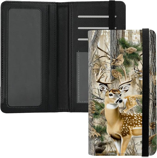 Premium PU Leather Checkbook Cover for Men & Women,RFID Blocking Slim Check Book Holder with Duplicate Check Divider & Pen Holder,Fits Standard Personal Checks,Camouflage Forest Deer-2