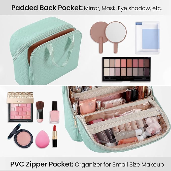 Standing Makeup Bag, Large Capacity with Room for Brushes and Mirror, Travel Makeup Organizer, Portable Stand Up Make Up Case, Waterproof Cosmetic Toiletry Bags with Handle, Color Sage Green