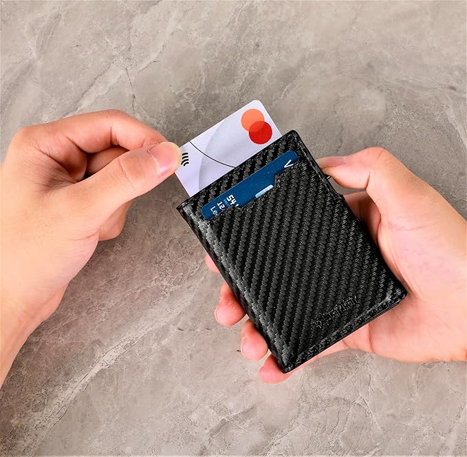 Minimalist Pop Up Wallet for Men | RFID Blocking Credit Card Holder Wallet with Money Clip | Mens Wallet Slim Bifold Front Pocket Metal Case with Gift Box (Premium Carbon Fiber Leather)