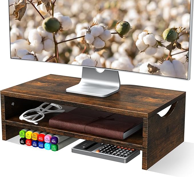 Monitor Stand Riser, 2 Tiers Wood Monitor Riser Stand with Desktop Shelf Storage Organizer, Ergonomic Desk & Tabletop Organizer Desktop Stand for Laptop Computer, MacBook, PC(Rustic Brown)
