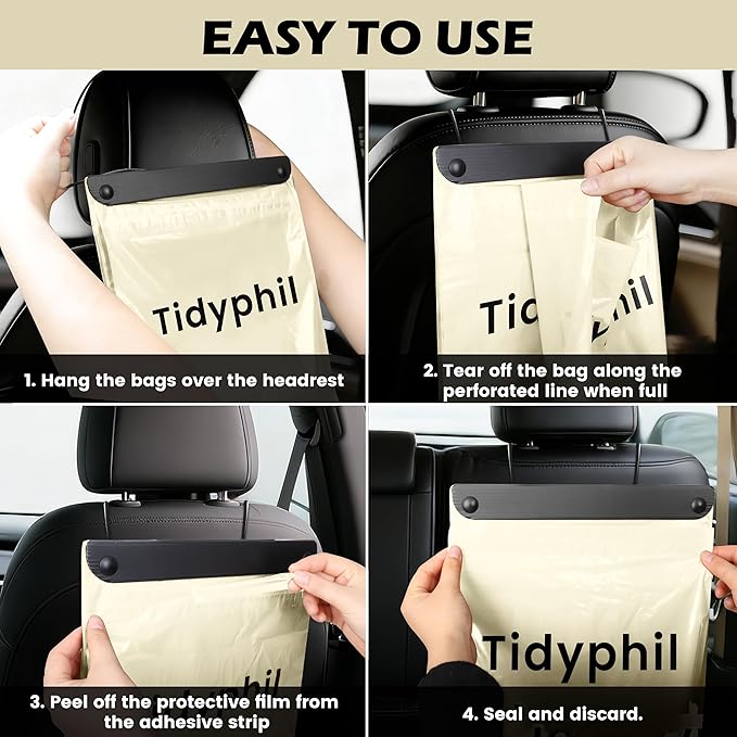 50 PCS Disposable Car Trash Bags Hanging, Leak-proof, Odor Seal. 2 Gallon Car Garbage Bags, Big Capacity. Independent of Car Trash Can, Easy Stick-On Car trash Bin for Car, SUV, Truck, Stroller. White