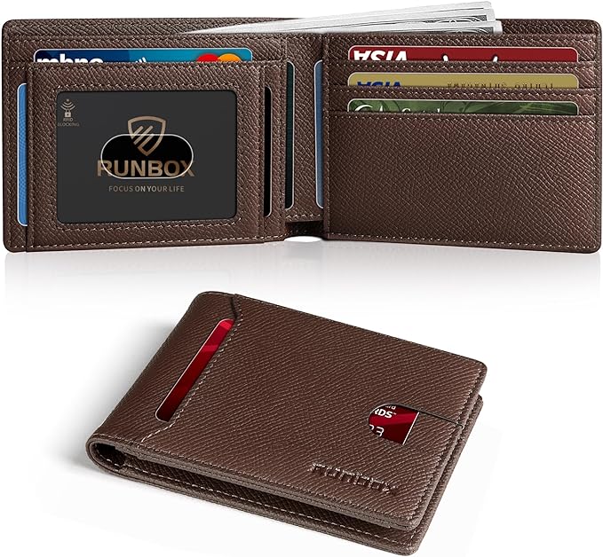 RUNBOX Wallet for Men Slim 11 Credit Card Holder Slots Leather RFID Blocking Small Thin Men's Wallet Bifold Minimalist Front Pocket Large Capacity Gift Box