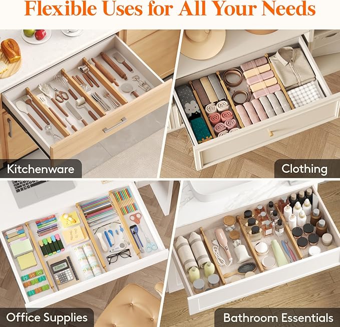 Lifewit 2.4" High 8 Pack Bamboo Drawer Dividers 45-55cm/17.5-22" Adjustable Wooden Drawer Organizer for Clothes/Utensils, Expandable Drawer Separator for Dresser/Kitchen/Bedroom/Office Organization