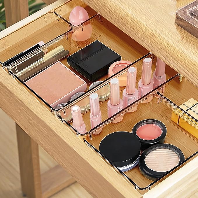 25 PCS Drawer Organizer Set, 5 Varied Size Bathroom and kitchen Drawer cabinet organizer Trays, Clear Storage Bins for Makeup, Jewelry, Utensils and Gadgets, Champagne