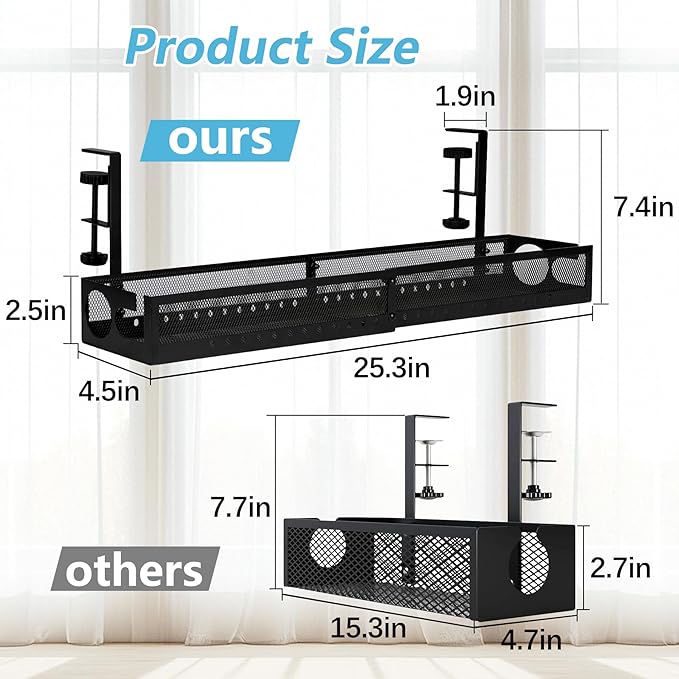 Under Desk Cable Management Tray No Drill - 25'' Large Metal Mesh Cord Organizer with Clamp Mount 2 Hole Cable Organizer Tray with Wire Management for Home Office Standing Desk
