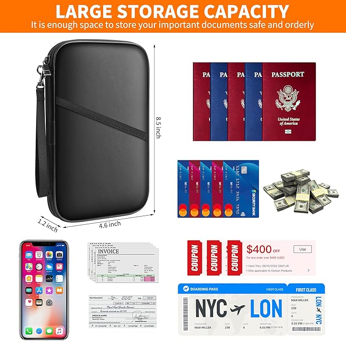 JUNDUN Family Passport Holder,RFID Blocking Upgraded Material Fireproof Passport Wallet for 4,Travel Document Organizer Case with Zipper for Passport,Card and Money,Large