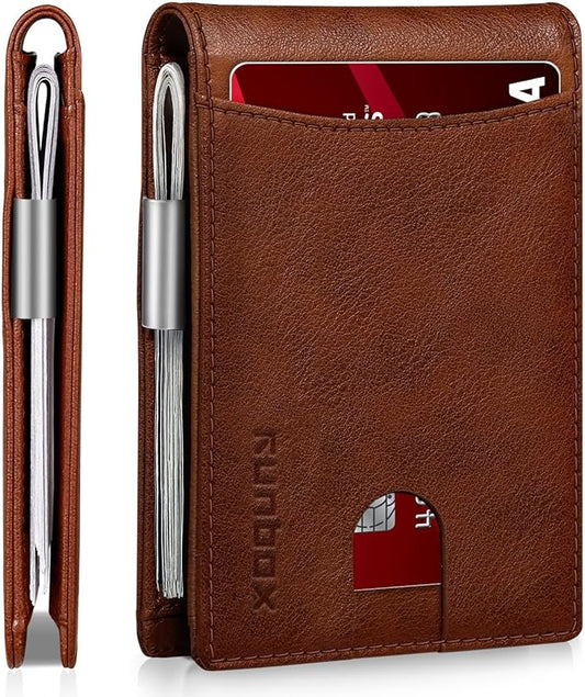 RUNBOX Slim Money Clip Wallets for Men and Teen Boys RFID Blocking 11 Card Holder Minimalist Small Leather Bifold Novelty Men's Wallet Front Pocket Gift Box
