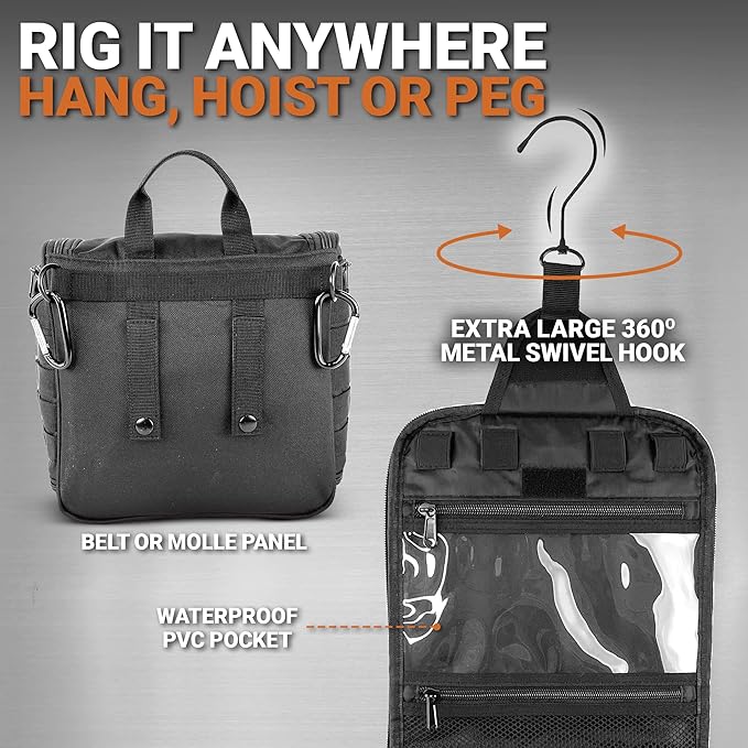 Chef Sac Tactical Toiletry Bag Dopp Kit, Hanging Travel Organizer with 12 Compartments, MOLLE Webbing, Detachable Paracord Handle, Heavy Duty Zippers, Mens Shower Bag for Travel