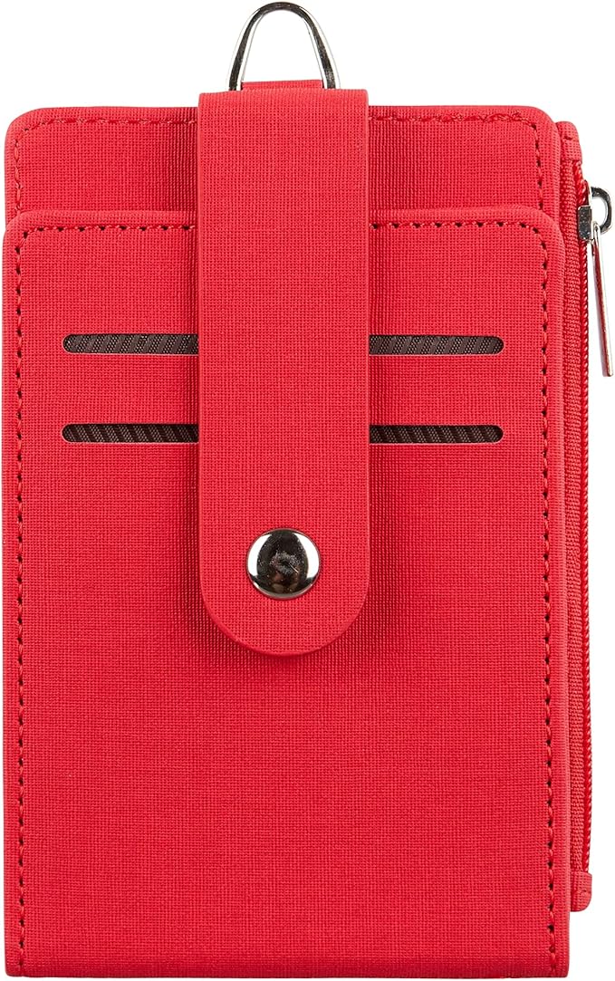 Women & Men Keychain Card Holder Case Zipper Slim Minimalist Front Pocket Wallet with 2 ID Window, Red