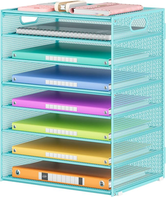 Lavatino 8-Tier Office Desk File Organizer, Letter Tray Paper Organizer with Handle, Including 5 Adjustable Slide Trays for Organizing Desktop Workspace Accessories and Supplies (Blue Metal Mesh)