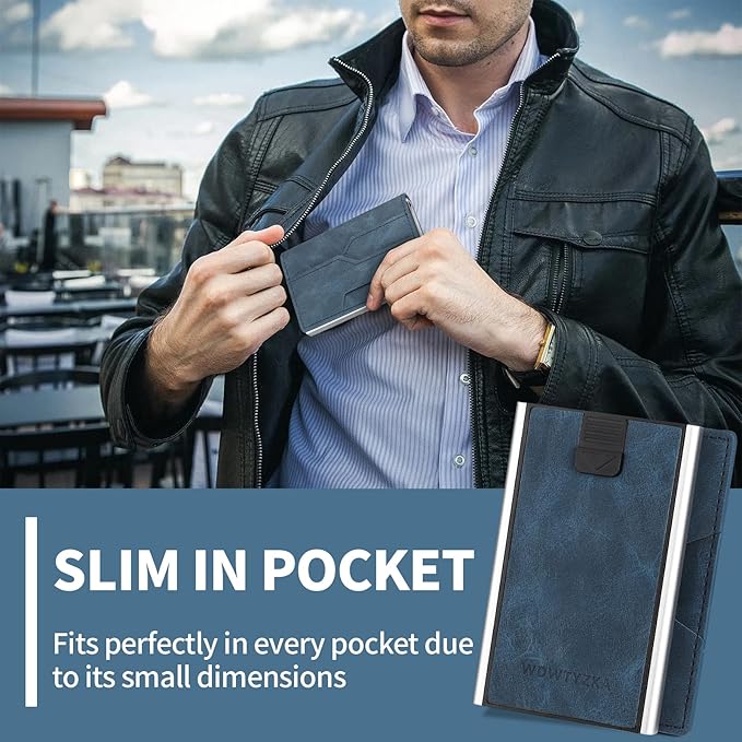 Mens slim Wallet，with RFID Shielding, Holds 9 Cards Easily, card wallet for Men, Minimalist Wallet For Men, Made of aluminum and Pu Synthetic Leather, Includes Cash clip (Blue)