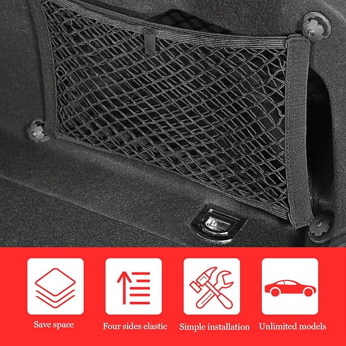 2 Pack Universal Mesh Cargo Net，BetterJonny Stretchable Elastic Automotive Cargo Nets with 8 Pieces Mounting Screws and Hooks for Car Trunk Storage Mesh Pocket Net(Black)