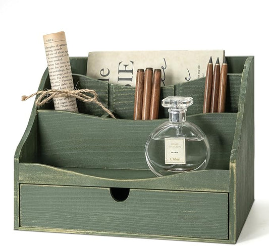 Rebee Vision Pine Wood Mail Organizer for Desk - Charming Farmhouse Mail Holder Organization with Drawer & Dividers - 4-Slot for File & Jewelry Sorter, Mail Organizer Countertop for Home Decor(Green)
