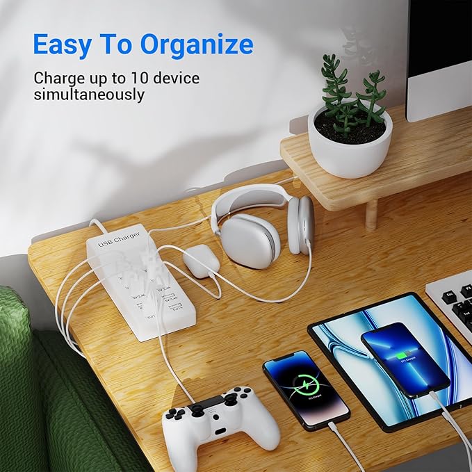 10-Port USB Charger Station, 50W10A Multiport Charger Hub for iPhone, Galaxy, iPad & More, 3.3FT