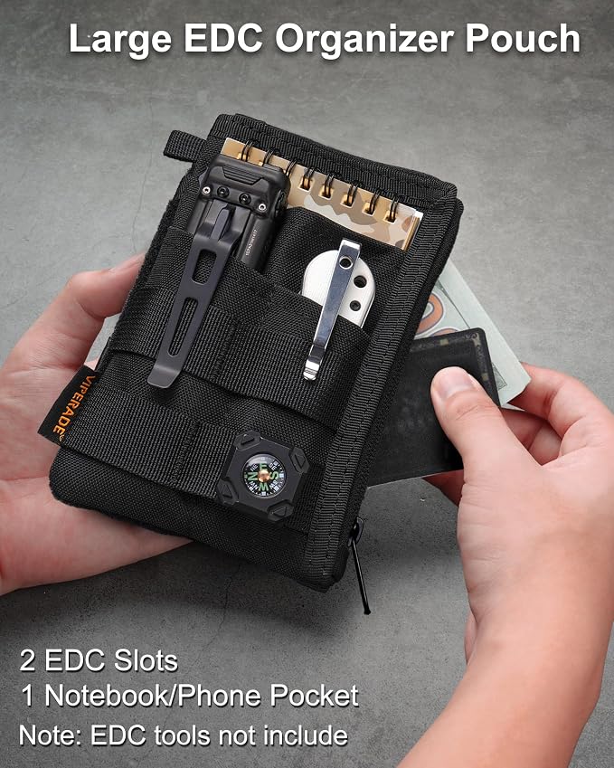 VIPERADE VE38 EDC Pocket Organizer, Slim EDC Wallet with 2 Zipper Pockets, EDC Pouch - 3 EDC Slots with 1 Larger Pocket for Flashlight, Multitool, Pen, Notebook