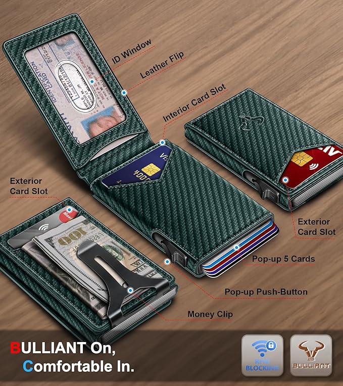 BULLIANT Men Wallet,Magnetic Metal Wallet Money Clip 9Cards Pop-up Access RFID Blocking