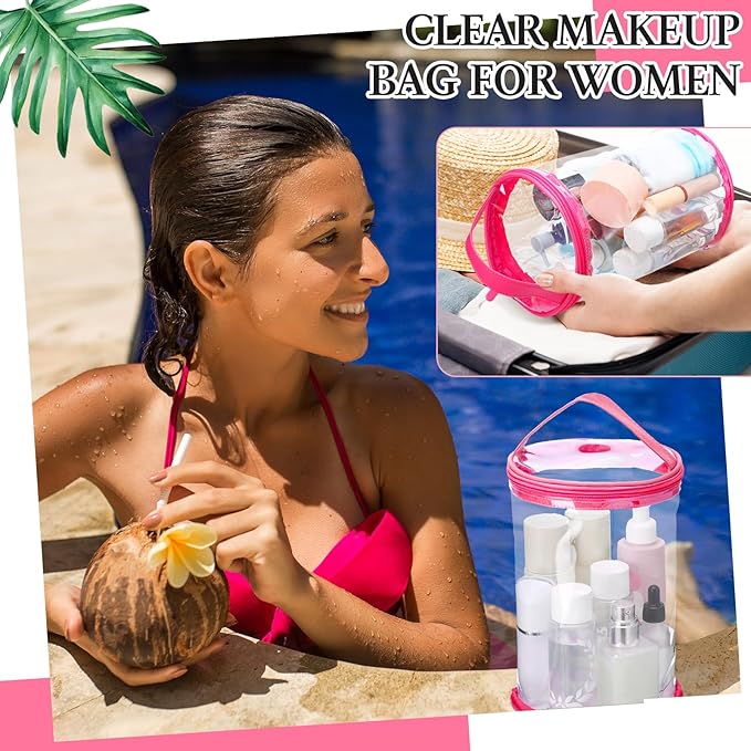 Sanwuta Clear Lotion Bag for Toiletry Sunscreen Cylinder Makeup Bag Heavy Duty Travel Organizer Pouch Waterproof Cosmetic Pouch with Handle Zipper Gift for Summer Beach Pool Airport Women(Hot Pink)