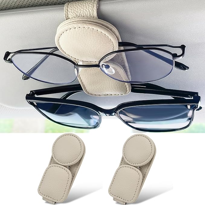 KIWEN 2 Pack Sunglasses Holder for Car Visor, Magnetic Leather Sunglass Eyeglass Hanger Clip for Car Sun Visor Accessories (2, Gray)