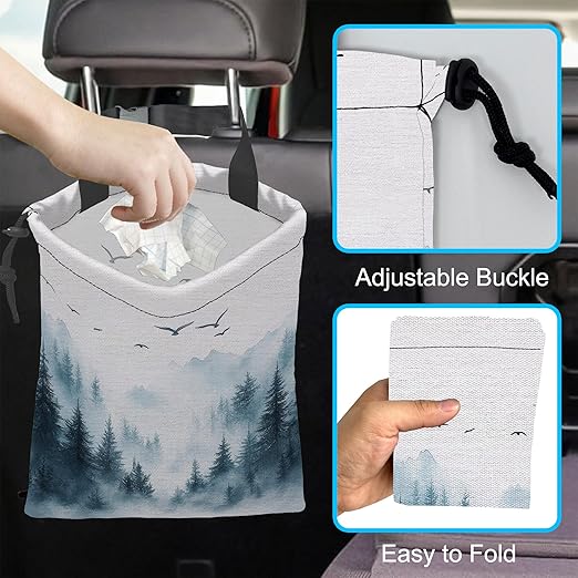 Car Trash Bag Hanging Misty Forest and Birds Car Trash Can Waterproof Garbage Bag Hanging for Car Back Seat