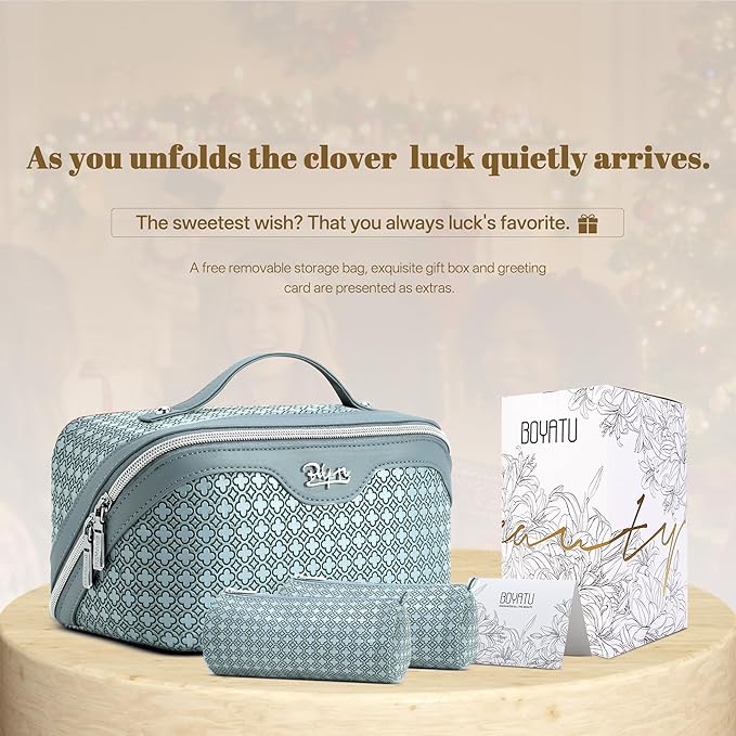 BOYATU Travel Makeup Bag for Women: Four Leaf Clover Large Capacity 3 Pcs Set Cosmetic Bags - Waterproof 50% Extra Space for Toiletry Organizer - Travel Essentials for Fortunate (04 Light Blue)