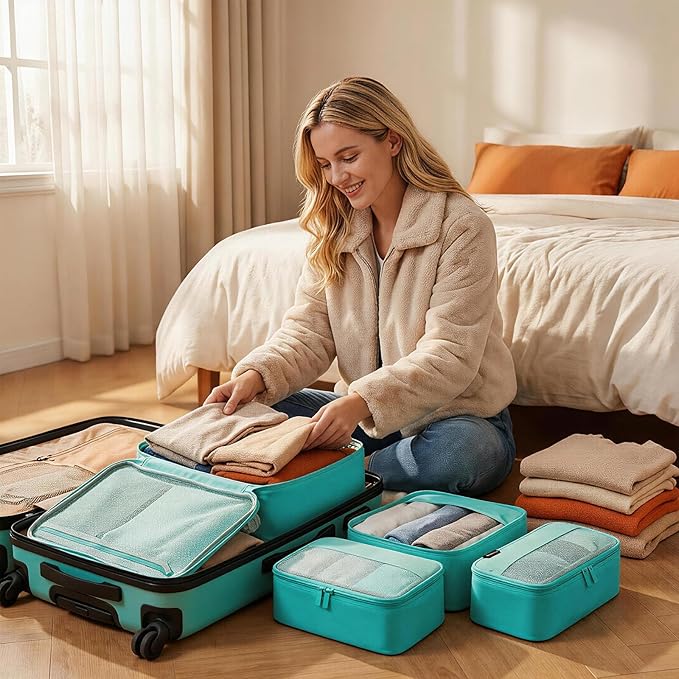 4 Piece Compression Packing Cubes for 3–7 Day Travel, Space Saving Travel Organizers with Breathable Mesh, Double-Zipper Packing Cubes for Carry-On & Suitcases (Teal)