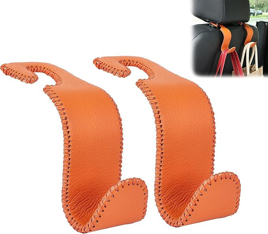 Amooca Car Seat Headrest Hook Universal Vehicle Storage Hanger Leather with Metal Car Seat Back Organizer for Handbag Purse Coat Orange 2 Pack