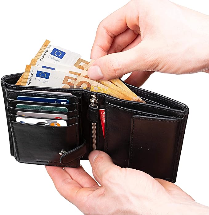 DiLoro Mens Full Size Large Capacity Genuine Full Grain Leather Wallet Bifold Flip ID Coin & Zip Pockets RFID Blocking Anti-Theft (Black Nappa)