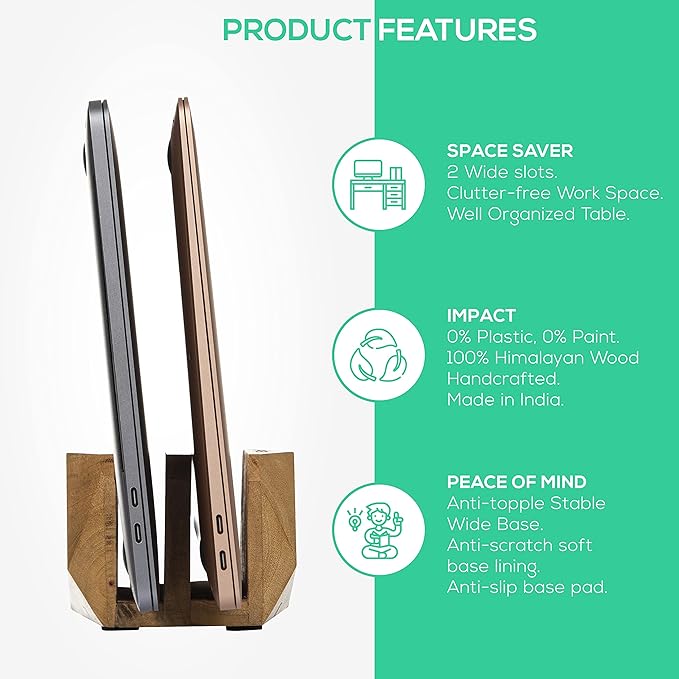Vertical Laptop Stand for Desk, Laptop Holder to Dock MacBook, MacBook Pro and Other Laptops, Versatile Vertical Laptop Docking Solutions - Mango Wood