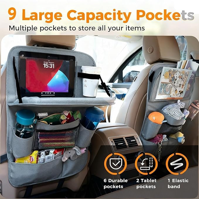 Backseat Car Organizer with Tray, 9 Storage Pockets Back Seat Protector with Foldable Tablet Holder, Waterproof Back of Seat Kick Mats for Kids Adult, Travel Accessories 2 Pack, Gray