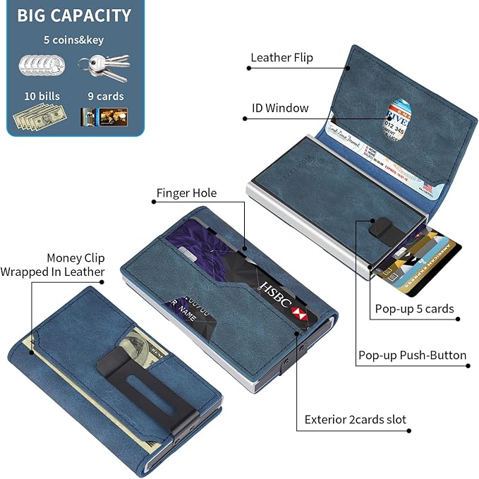 Mens slim Wallet，with RFID Shielding, Holds 9 Cards Easily, card wallet for Men, Minimalist Wallet For Men, Made of aluminum and Pu Synthetic Leather, Includes Cash clip (Blue)
