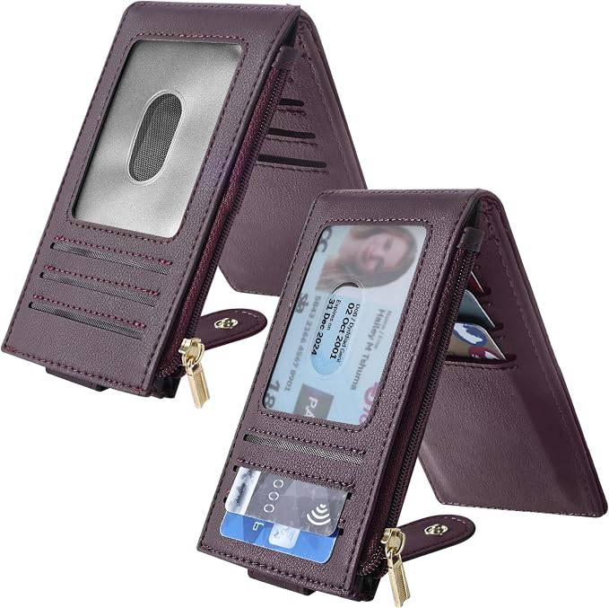 Chelmon Womens Wallet Slim RFID Blocking Bifold Multi Card Case Wallet with Zipper Pocket (Wine Red)