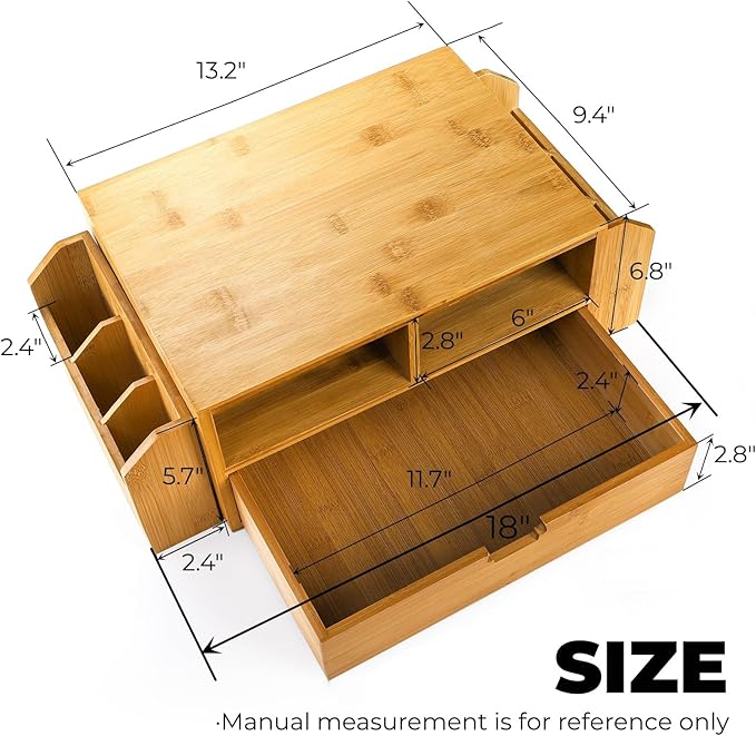 Hiceeden 2 Tier Bamboo Desktop Organizer, Desk Monitor Stand Riser with 1 Drawer and 2 Pen Holder, 2 Compartment Computer Desk Storage Organizer for Laptop, Printer