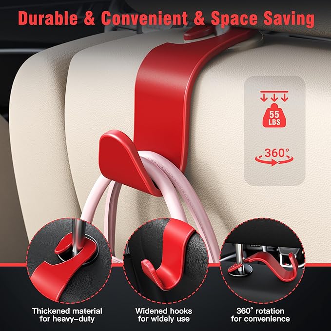 Amooca Car Seat Headrest Hook 4 Pack Hanger Storage Organizer Universal for Handbag Purse Coat Universal fit Vehicle Car S Type Red