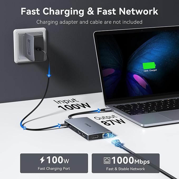 USB C Docking Station Dual Monitor Laptop Docking Station, 15 in 1 Docking Station 3 Monitors with 2 HDMI 4K, DP 8K, 100W PD, 6 USB A/C Ports, Button, USB C Hub Multiport Adapter for Windows Laptops