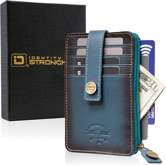 ID Stronghold RFID Blocking Front Pocket Wallet – Slim Minimalist Genuine Leather Wallet with Zipper Coin Pocket (Mega Blue)