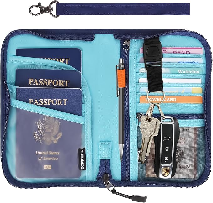 ZOPPEN Passport Holder Family RFID Passport Wallet, Passport Holder Women/Men, Travel Wallet Documents Organizer Zipper Case with Removable Wristlet Strap, Travel Essentials for Flying