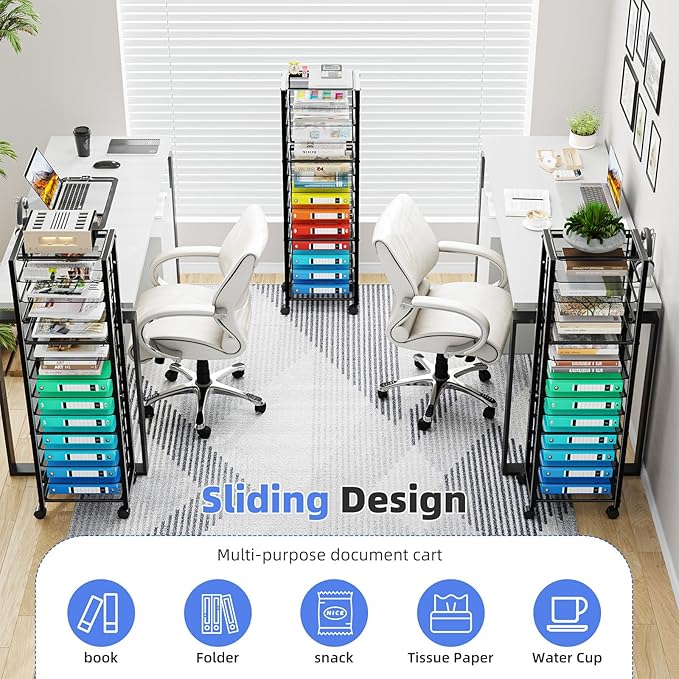 Simple Trending 14 Tier Rolling File Cart, Desk File Organizer, Paper Letter Storage Rolling Clutter Cart for Office, Home, School, Black