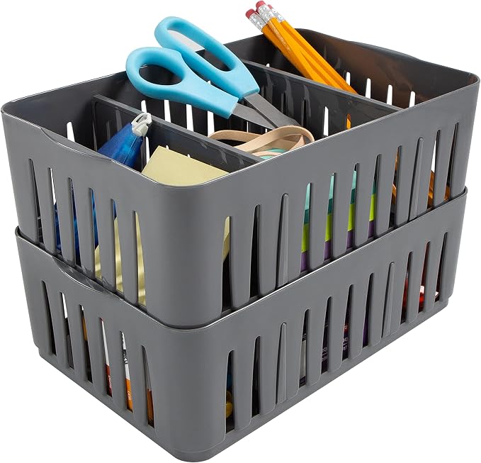 Simplify 2 Pack Compartment Stackable Bin with Adjustable Dividers | Drawer Organizer | Storage Basket | Good for Office | Desk Supplies | Dorm | Bathroom | Accessories | Make Up | Grey