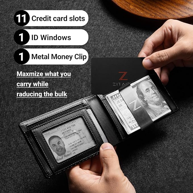 Zitahli Slim Wallet for Men with Money Clip, Minimalist Front Pocket RFID Blocking Leather Wallets Bifold Credit Card Holder, 11 Card Slots and ID Window with Gift Box