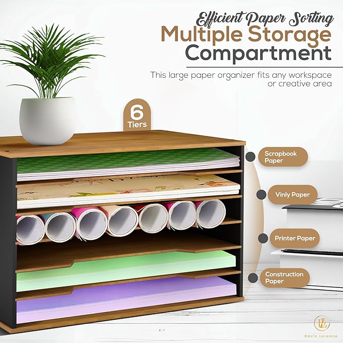 Wooden Paper Organizer 20.25"W x 12.25"H x 13.25"D, 6-Tier Storage for 12"x18" & 11"x17" Sheets, Includes Matching Pen Holder & Tray, Ideal for Office, Home, Art Room and Classroom