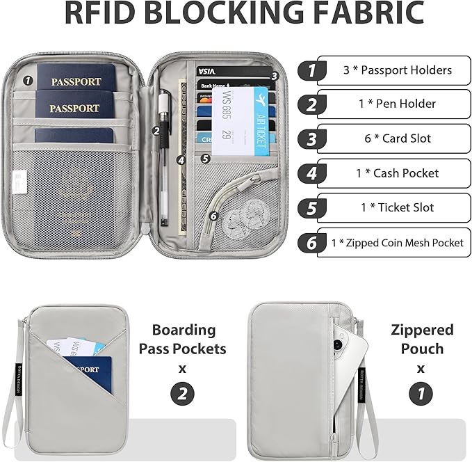 Veki Passport Holder for Travel Women Family, Passport Wallet Bag, RFID Travel Document Organizer, Waterproof Passport Holder for Men, Portable Case for Cards, Cash, Tickets, ID (Gray, L)