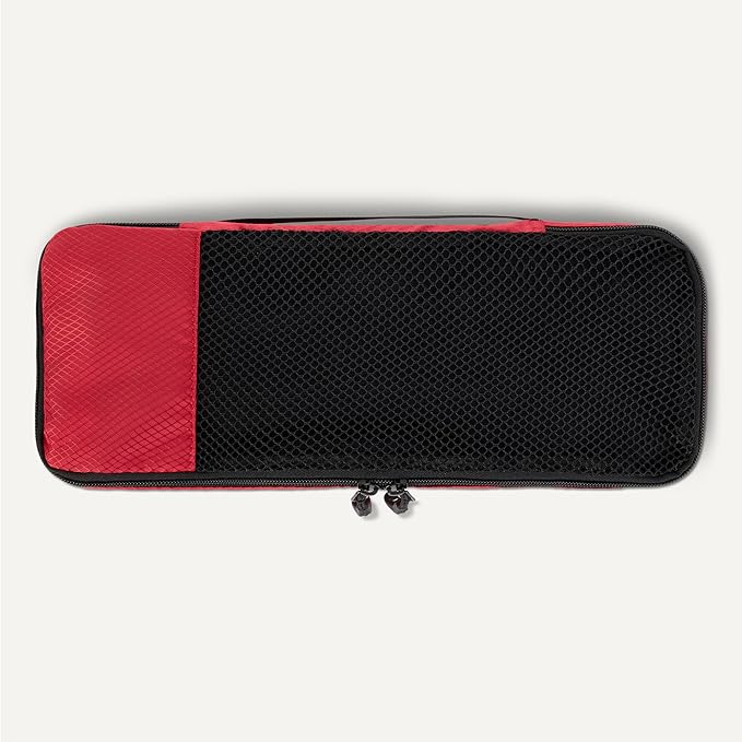 Amazon Essentials 4-Piece Space-Saving Packing Cubes Travel Accessories Set, Luggage Organizer with Double Zipper, Mesh Top, Polyester, Slim, Red (Previously Amazon Basics)