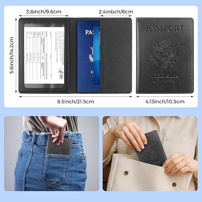 Passport Holder for Travel Men Women - Passport Cover, Passport Wallet Case Travel Essentials Travel Must Haves Accessories Blocking Leather Card Slot Protector for Stocking Stuffers Gifts,Black