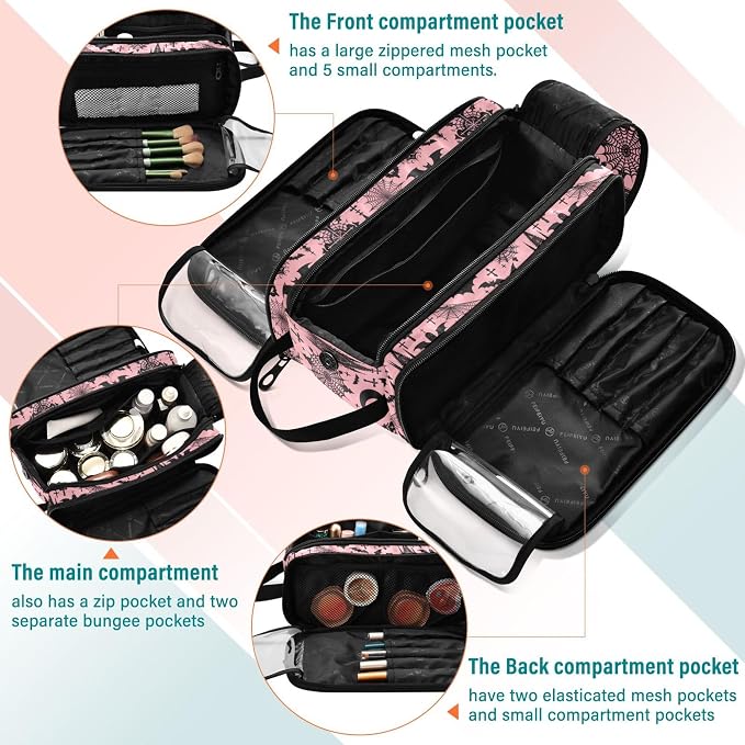 MNSRUU Large Capacity Makeup Bag, Black Gothic Moon Spider Webs and Bats Cosmetic Bag Portable Toiletries Pouch with Compartments Makeup Organizer Case for Travel Women